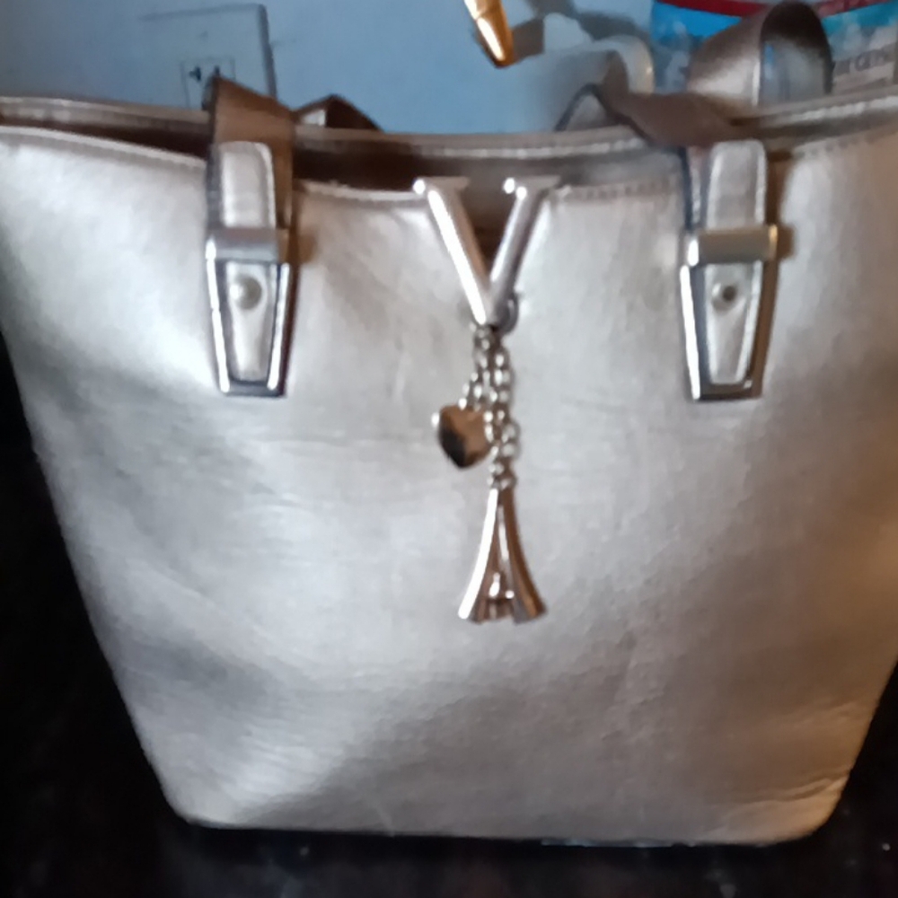 Vintage Metallic Gold Tote with Charm Accent